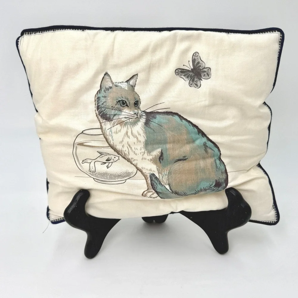 Vintage‎ Cat Fishbowl Butterfly Decorative Accent Pillow Cream